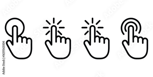 Hand Cursor Icon Set, Vector Line Art Showing Tap, Click, and Press Actions for UI Design