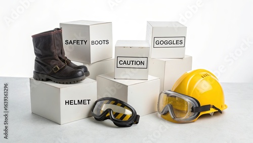 Safety Equipment Arrangement with Boots, Helmet, and Goggles