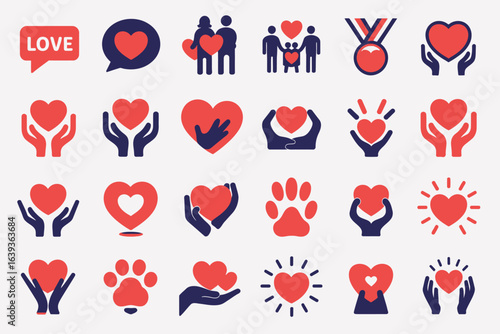 A set of vector icons representing concepts of love, charity,donation, care, and volunteering. Glyphs for non-profit and social work.