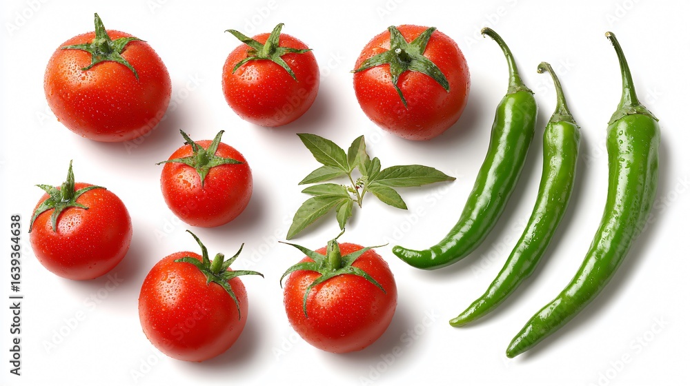 Vibrant Collection of Organic Red Tomatoes and Green Chilies Vibrant Collection of Organic Red Tomatoes and Green Chilies