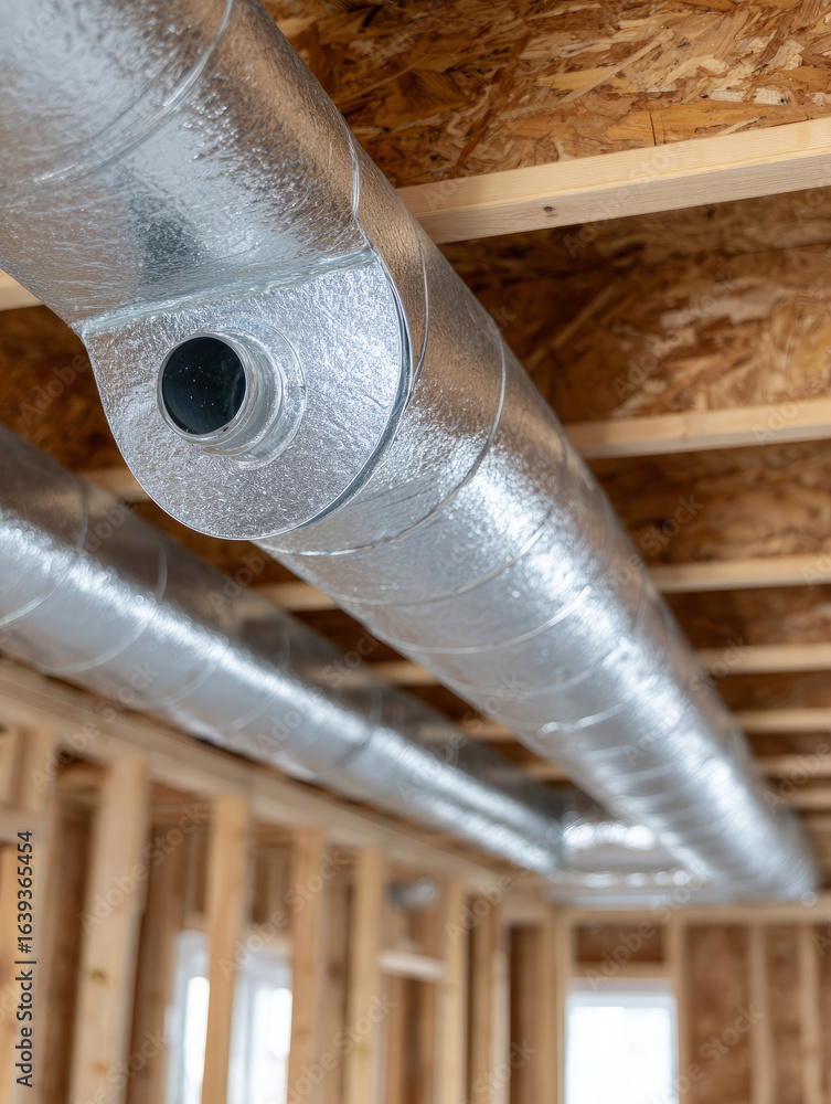 Obraz premium Close-up of metal HVAC ductwork in unfinished building.