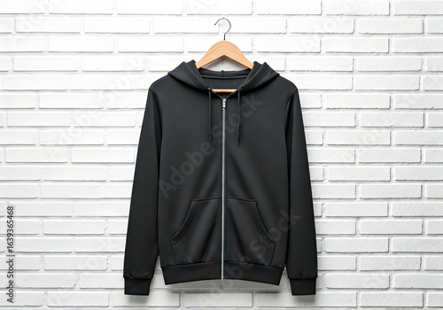 A classic black full-zip hoodie displayed on a wooden hanger against a bright white brick wall perfect for casual wear or sportswear mockups.