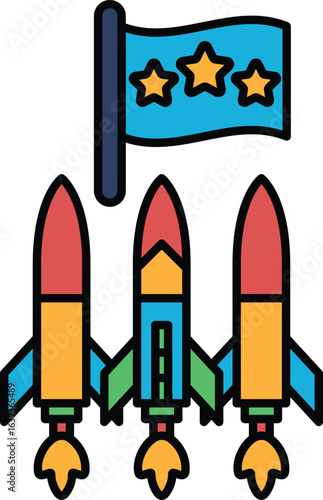 Three rockets are flying in the sky with a flag in the background