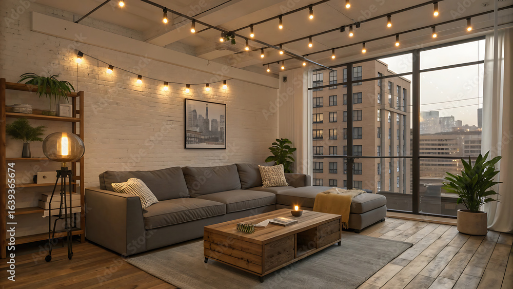 Fototapeta premium Modern Apartment Interior with Stylish Furniture and Warm Lighting