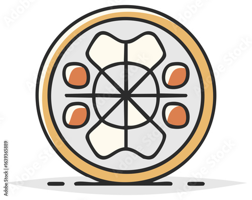 Illustrated graphic of a circle with a unique spoke design. Decorative wheel concept in digital art.