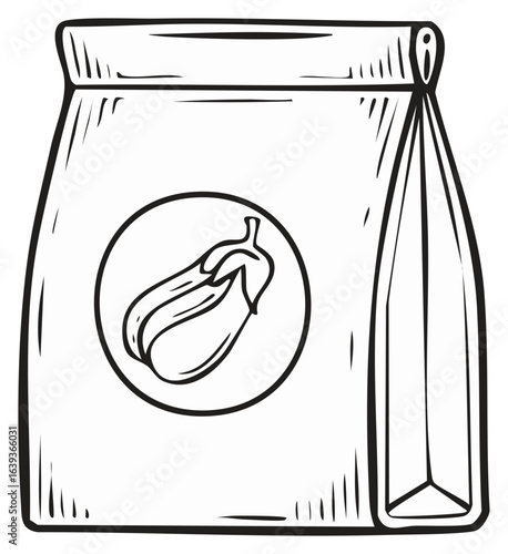 Bagged eggplant graphic black and white line art produce market packaging label sticker fresh vegetables