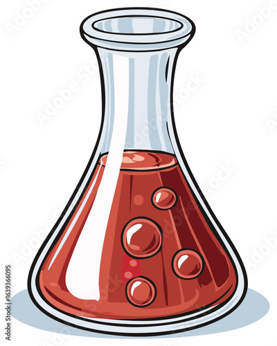 Glass flask with red liquid and bubbles chemistry experiment scientific research tool