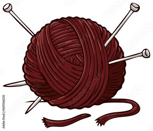 Ball of dark red yarn with two knitting needles piercing through it and a loose strand