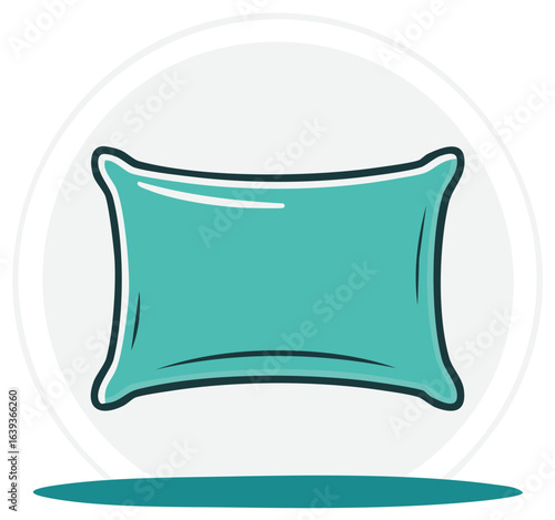 Teal pillow graphic in a circle. Simple image of a soft cushion for sleeping