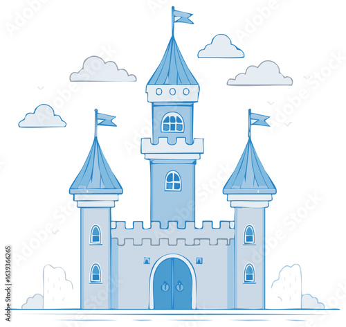 Stylized Blue Fantasy Castle Illustration with Towers and Flags Surrounded by Fluffy Clouds Depicts a Fairytale Setting