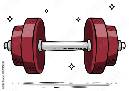 Illustrated red dumbbell with silver handle gym equipment for fitness training and exercise on white background for strength