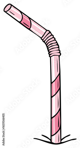 Curved Pink Striped Drinking Straw Cartoon Illustration Stands Upright in Ground