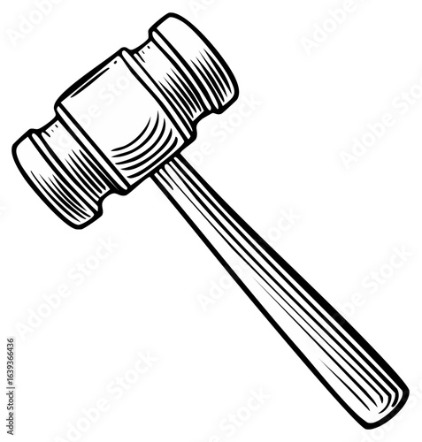 Black and white woodcut style gavel symbolizing justice law and auction decisions