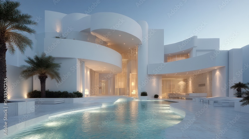 Fototapeta premium Modern, white mansion with an outdoor pool.