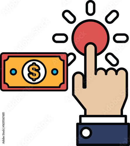 A hand is pointing to a dollar bill
