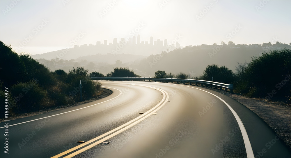 Naklejka premium Scenic Highway Winding Road Asphalt Cityscape Skyline Travel Adventure Journey Road Trip California Dream Open Road Freeway Highway Landscape Nature Background