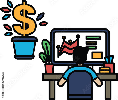 A man is sitting at a desk with a computer monitor in front of him