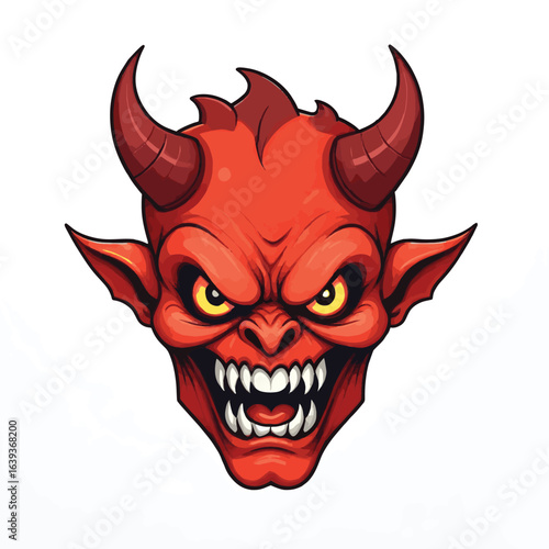 Sinister Cartoon Grey Devil Head with Fiery Red Horns and Glowing Eyes - Creepy Demon Mascot Vector Illustration for Halloween, Horror, Fantasy, and Dark Themes

