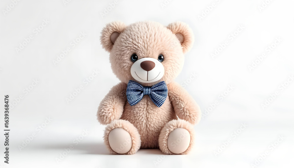Obraz premium White Teddy Bear with Checkered Ribbon on White Background