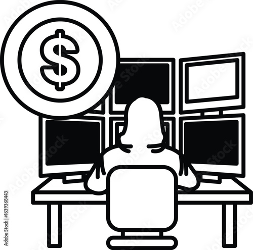 A woman is sitting at a desk with a computer monitor and a $1 bill