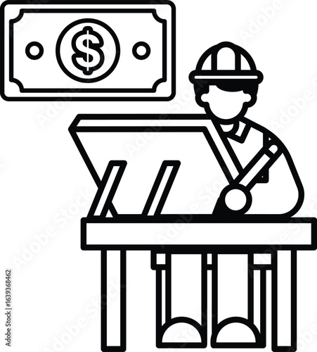 A man is sitting at a desk with a dollar bill in front of him