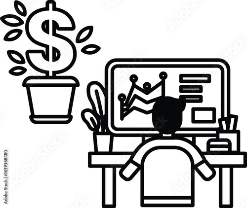 A man is sitting at a desk with a computer monitor in front of him