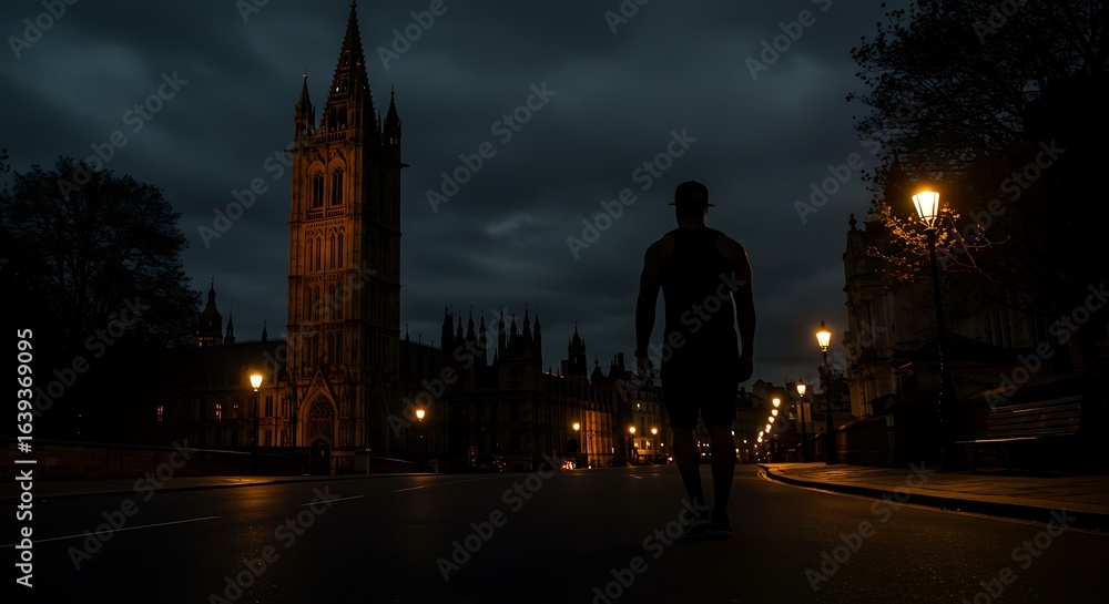 Obraz premium Lone Figure Walking in London at Night Houses of Parliament Silhouette Dark Atmosphere Urban Landscape Serene Evening
