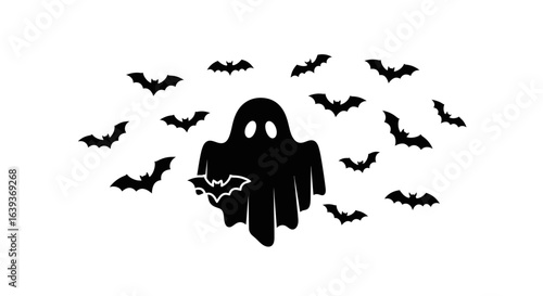 Ghost Surrounded by Bats Silhouette - Spooky Halloween Icon
