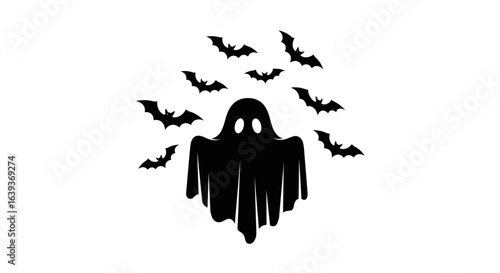 Ghost Surrounded by Bats Silhouette - Spooky Halloween Icon