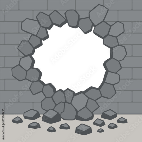 Vector illustration of a brick wall with a large hole and scattered stones, symbolizing destruction or breakthrough.