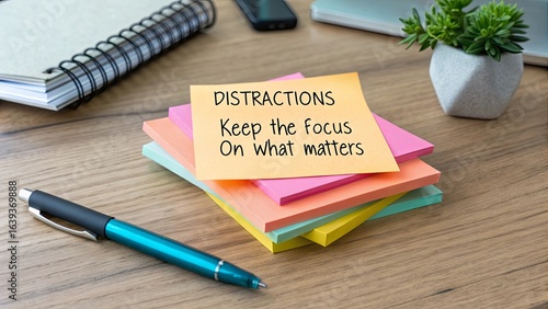 Sticky Notes with Reminder to Avoid Distractions and Focus on Work