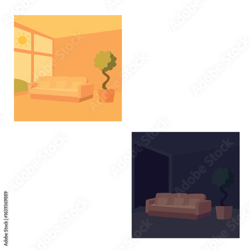 Vector illustration of a living room in daylight and nighttime, showing a sofa and potted plant by the window in two different lighting conditions.