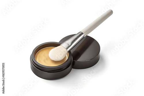 Luxury Cream Foundation with Applicator Brush on White Background
