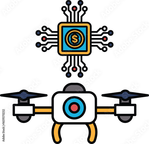 A black and white drawing of a drone with a coin on it