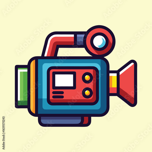 Stylized Cartoon Video Camera with Handle and Lens on Cream Background