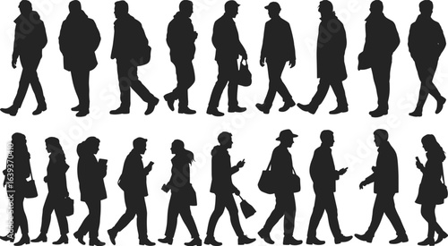 Silhouettes of diverse people walking, commuting in urban environment, men and women in motion, casual and business attire, modern lifestyle, city pedestrians.