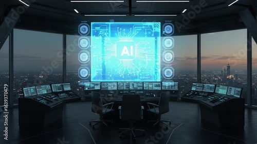 Futuristic AI-Controlled Command Center with Panoramic City Views, Showcasing Advanced Technology and Data Visualization in a Modern Environment