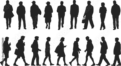 Silhouettes of diverse men and women walking, standing, commuting in city, casual and business attire, urban lifestyle, pedestrians in motion.