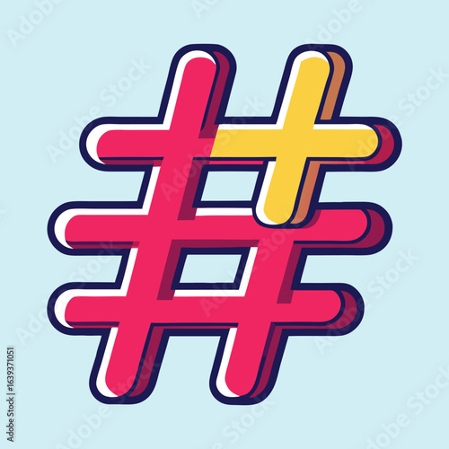 A colorful illustration of a red and yellow hashtag symbol over light blue