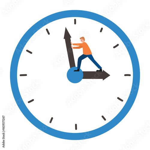 Vector illustration of a man trying to stop clock hands, symbolizing time management and deadline pressure.