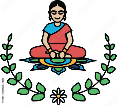 A woman is sitting on a mat with a flower in her lap