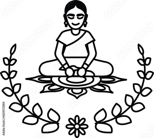 A woman is sitting on a mat with a flower in her lap