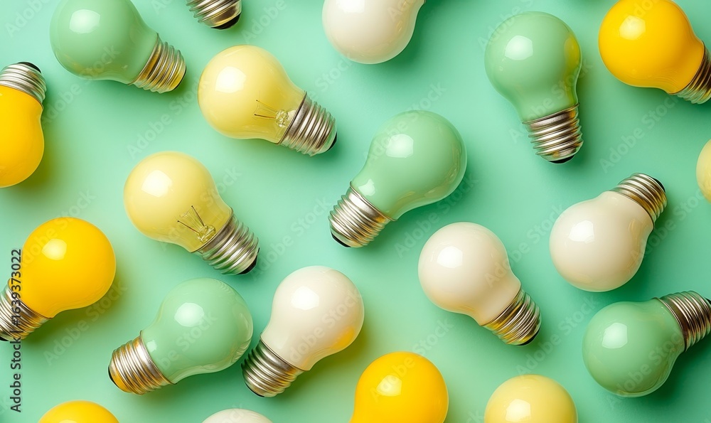 Modern light bulbs arranged from the top view, with a focus on yellow and flashy green colors, displayed against a simple background for impact, Generative AI Modern light bulbs arranged from the top view, with a focus on yellow and flashy green colors, displayed against a simple background for impact, Generative AI