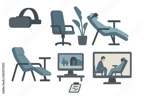 Relaxation and mindfulness tools in a modern therapy setting with virtual reality and comfortable seating options