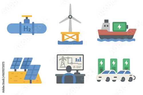 Renewable energy technology featuring hydrogen, wind, solar, and electric vehicles in an innovative layout