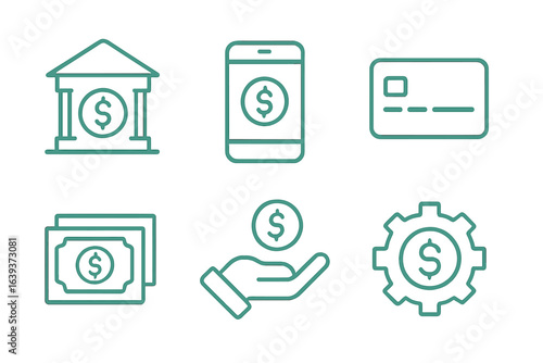 Financial technology icons depicting banking, mobile payments, cash transactions, and currency management in simple design