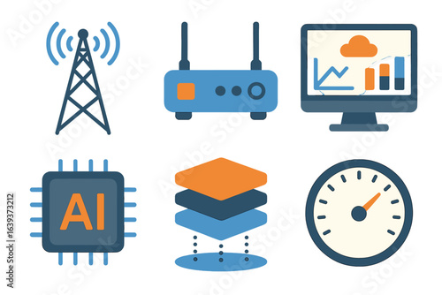Modern technology components showcasing AI, data visualization, and wireless communication in a digital context