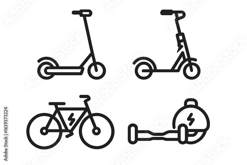 Electric scooters and bicycles showcase modern eco-friendly transportation options in a minimalist design