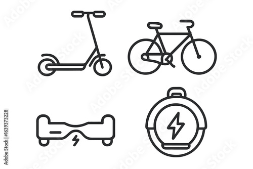 Various types of personal transport options including electric scooter, bicycle, hoverboard, and smart watch showing battery status