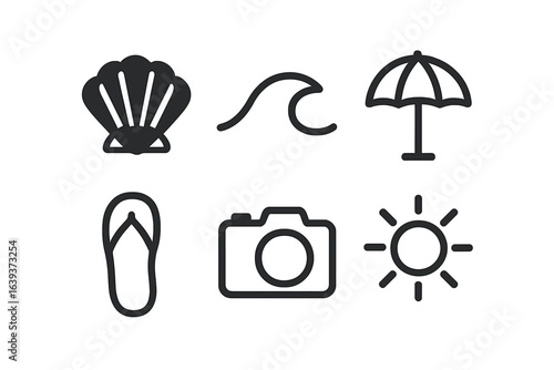 Summer beach vacation essentials with beach accessories and sun symbols